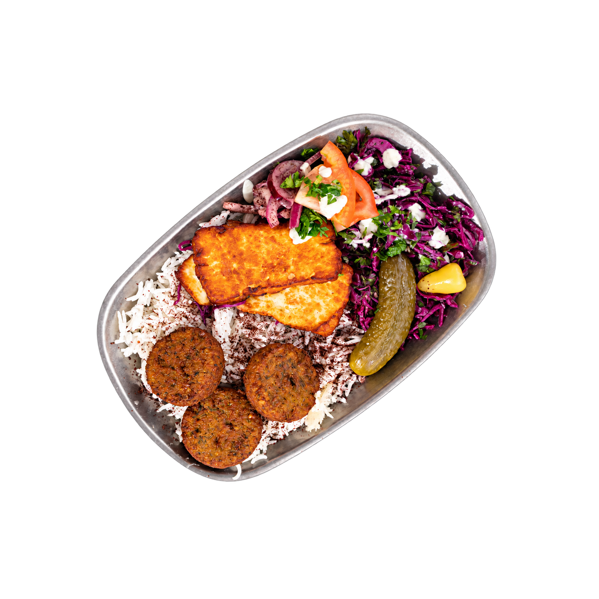 Falafel og halloumi platter med ris, rødkål og pickles – Kubideh, Nørrebro