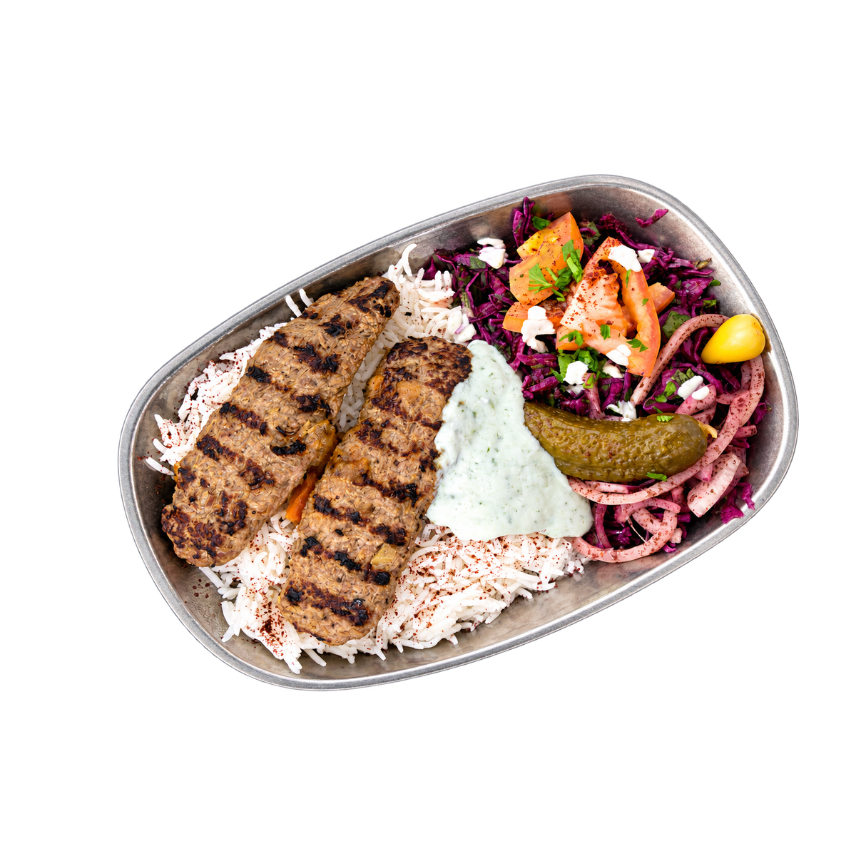 Kubideh kebab platter med ris, rødkålssalat, pickles og yoghurtdressing – Kubideh, Nørrebro