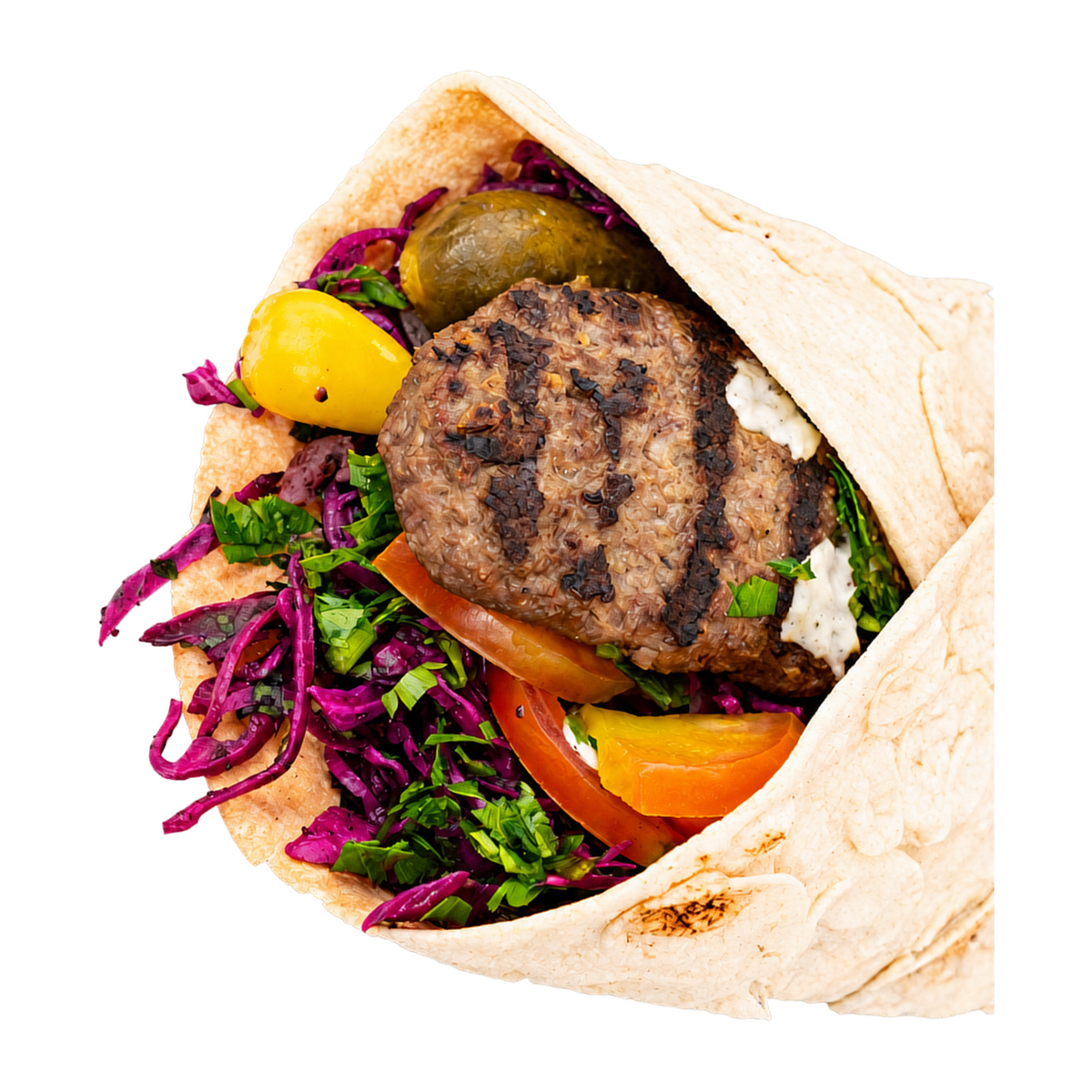 Kubideh kebab roll med grillet kebab, rødkål, tomat og yoghurtdressing – Kubideh, Nørrebro